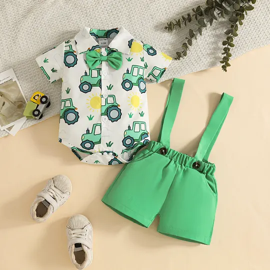 【0M-18M】Boys' St. Patrick's Day Outfit – Bow Tie Shirt & Suspender Shorts Set