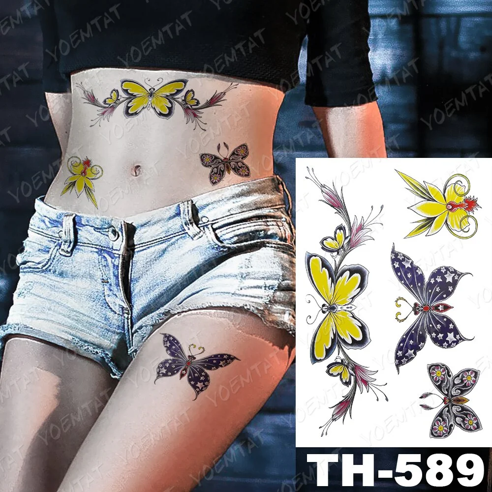 Waterproof Temporary Tattoo Sticker Black Butterfly Totem Fake Tatto Flash Realistic Rose Tatoo Body Art 3d For Girl Women
