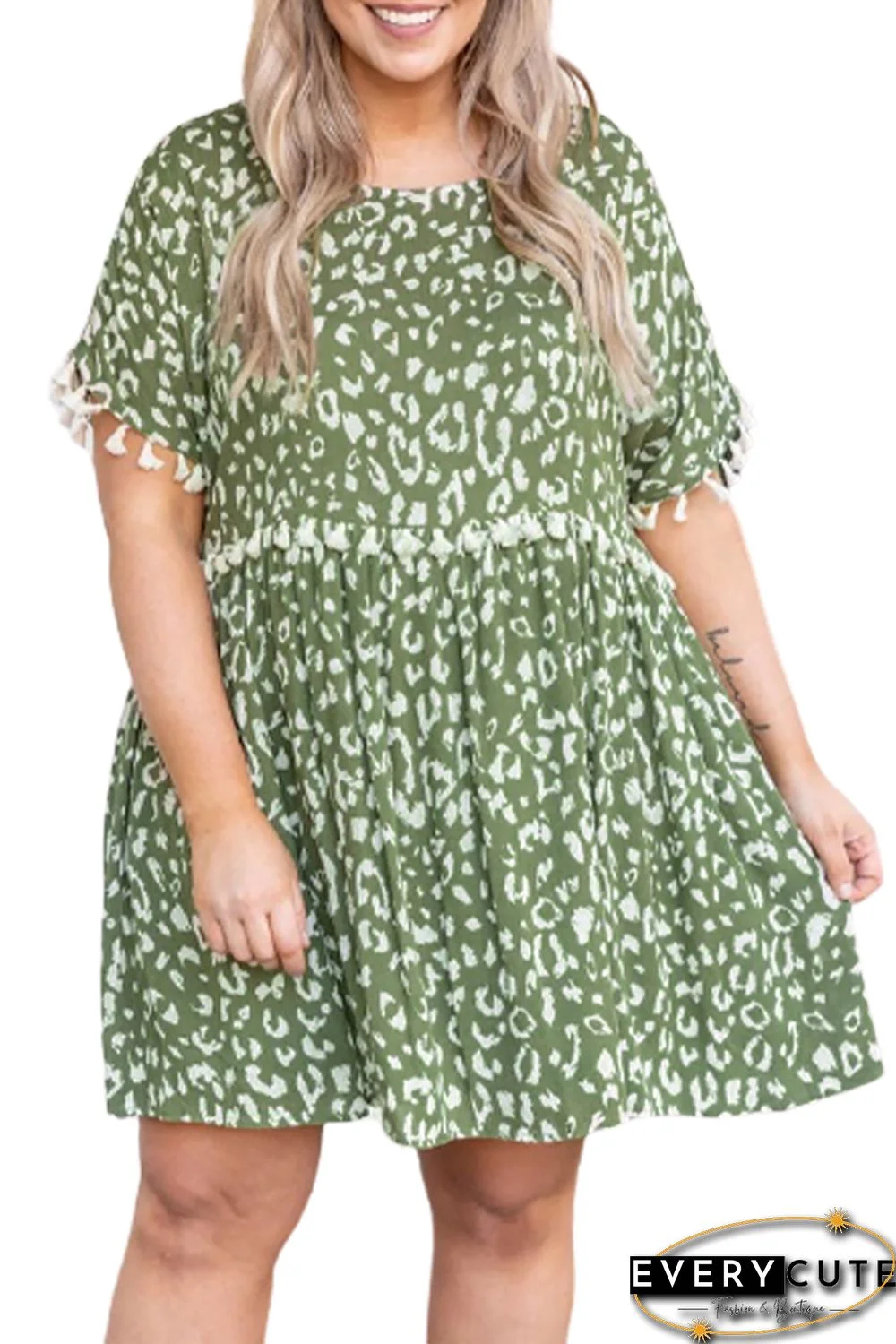 Green Plus Size Leopard Tassel Dress