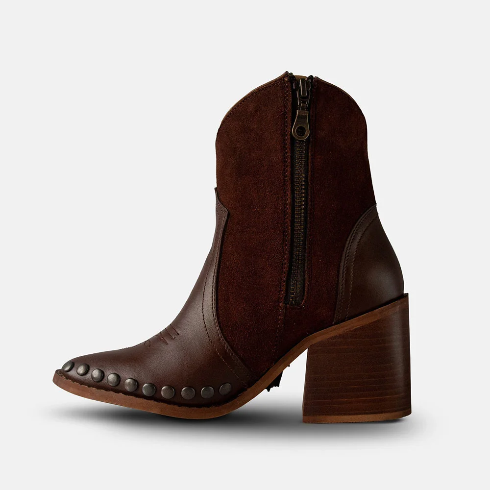 Studded Pointed Toe Button Fringe Ankle Brown Cowboy Boots for Women