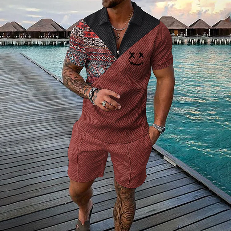 BrosWear Geometric & Smile Face Print Patchwork Short Sleeve Polo Shirt And Shorts Co-Ord