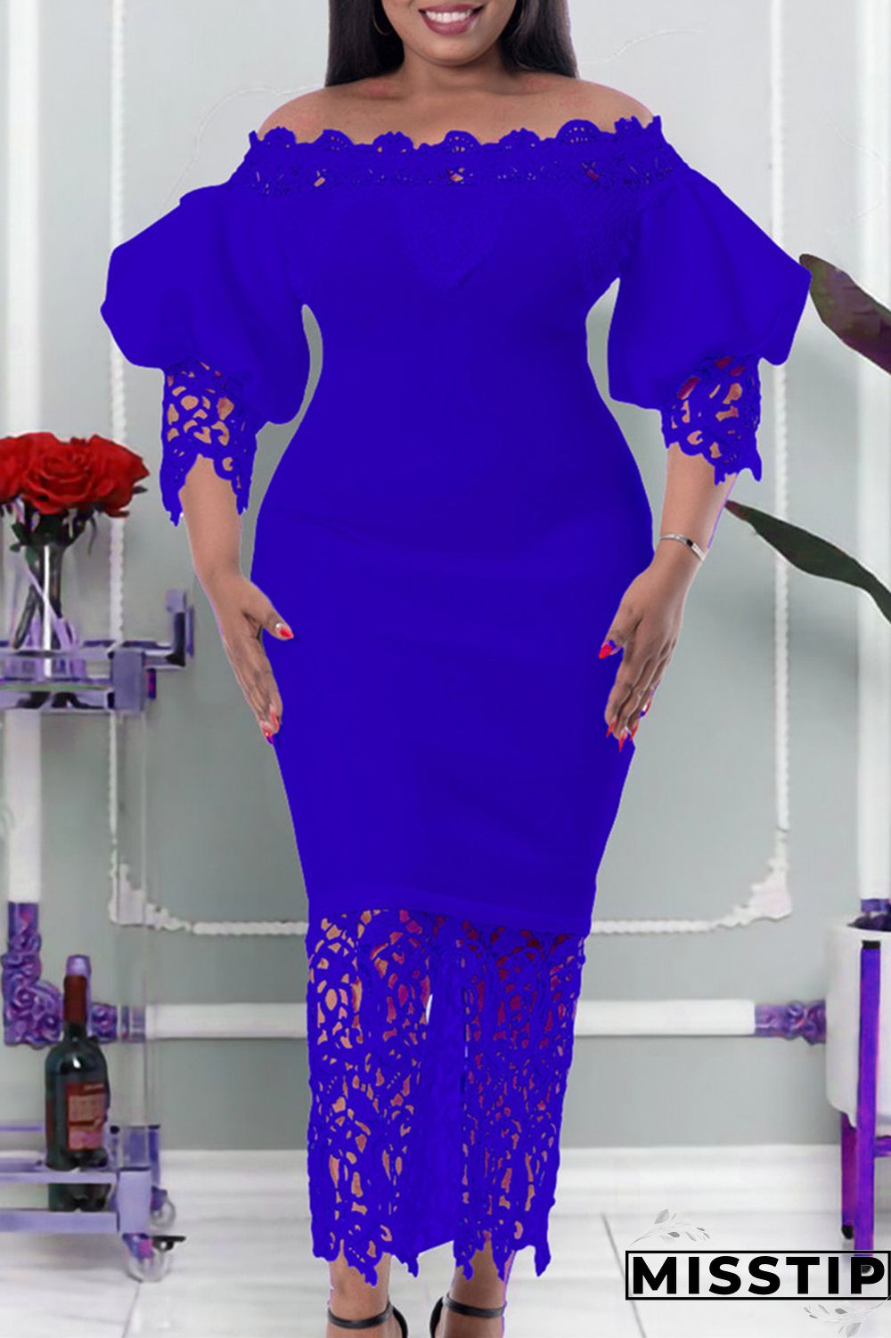 Blue Fashion Casual Solid Patchwork Off the Shoulder Long Dress Dresses