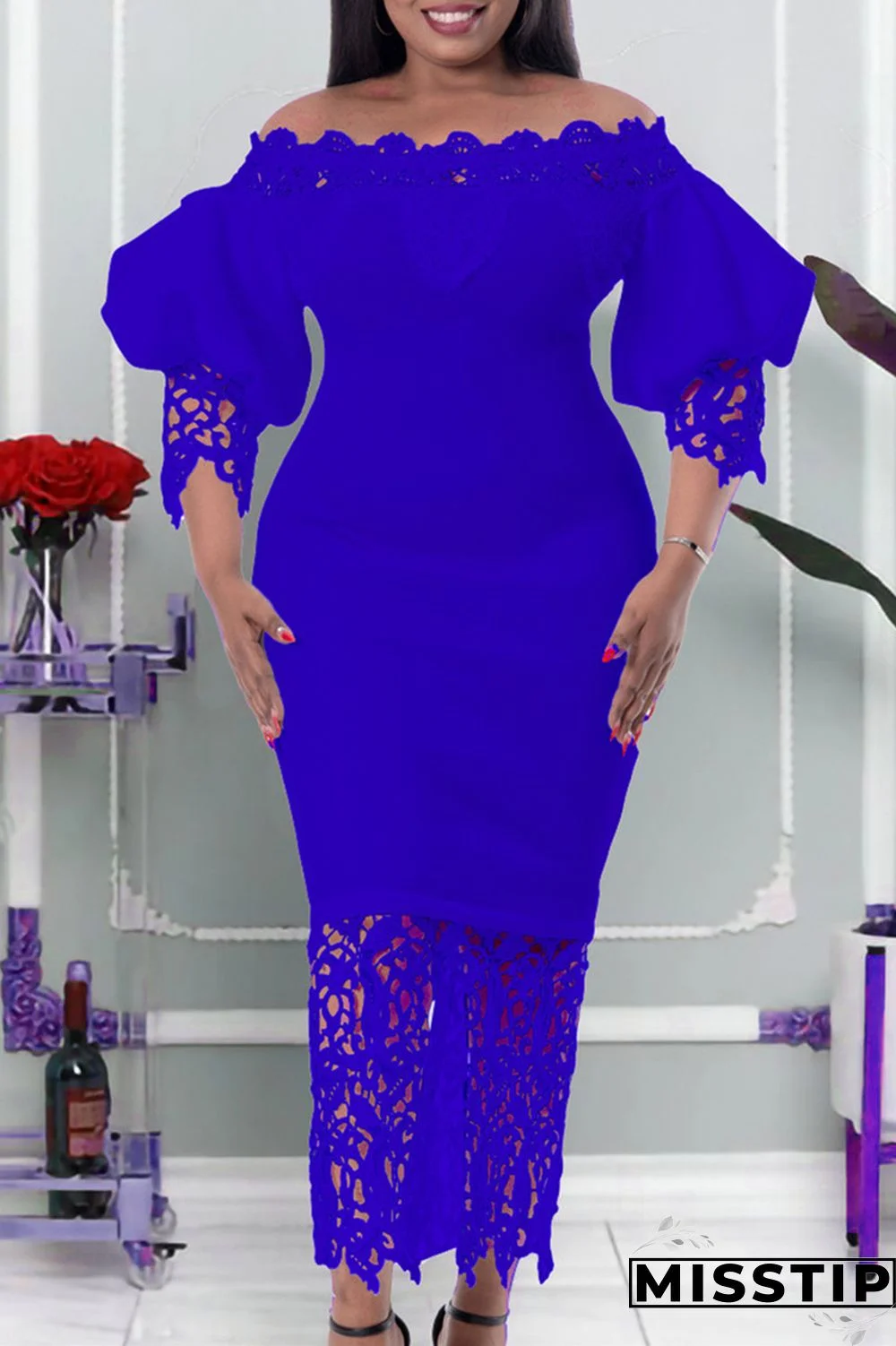 Blue Fashion Casual Solid Patchwork Off the Shoulder Long Dress Dresses