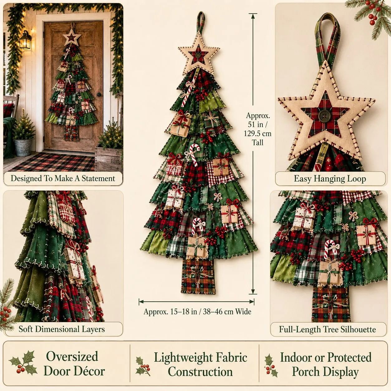 Oversized 51 inch Christmas patchwork tree hanging on door