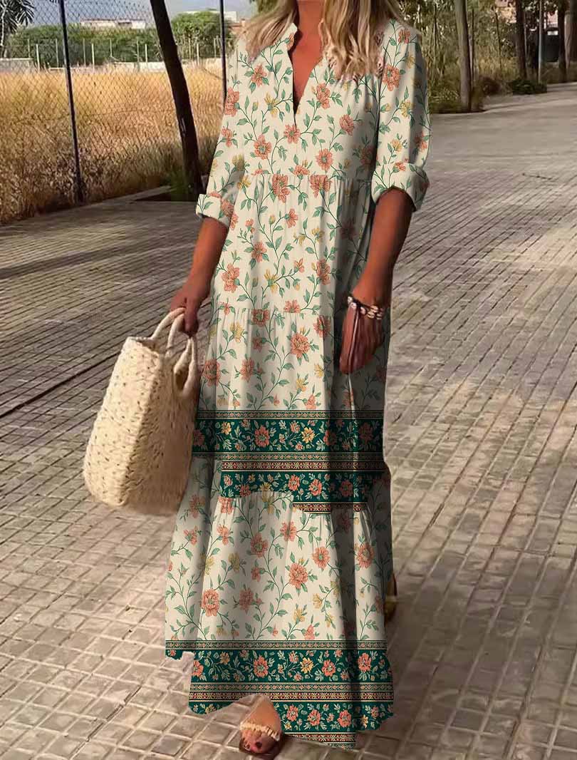 Women Bohemian,Red,Green,Floral DZDN0283 SPU Printed Long Sleeve V-neck Maxi Dress