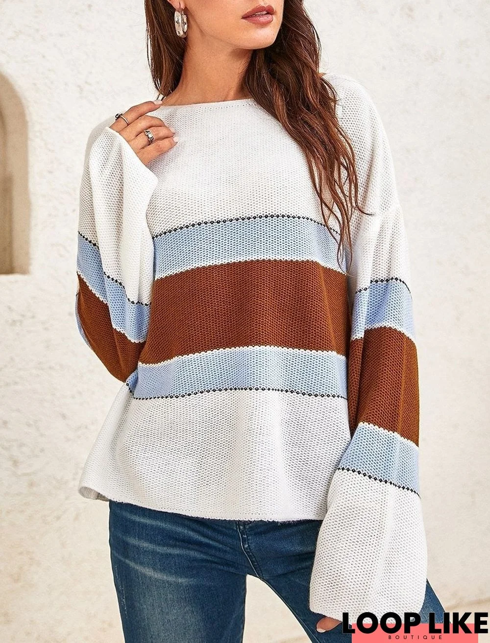 Ladies Color Striped Loose Long Sleeve Sweater