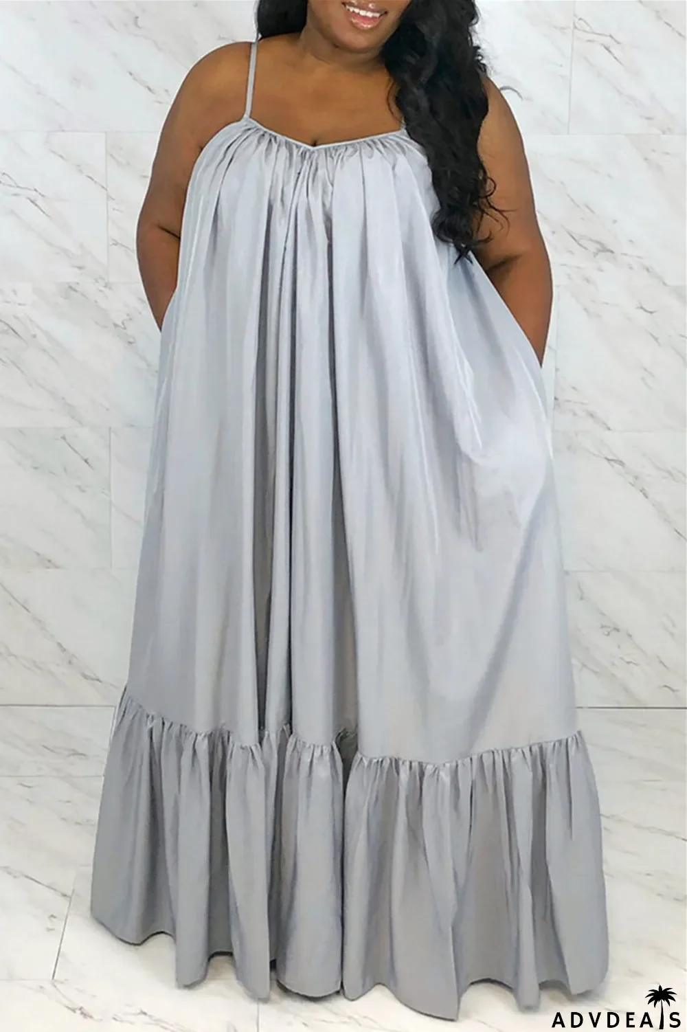 Dark Gray Sexy Casual Solid Backless Spaghetti Strap Loose Sling Dress