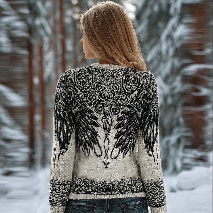 Retro Viking Style Wing Print Design Women's Round Neck Knitted Sweater