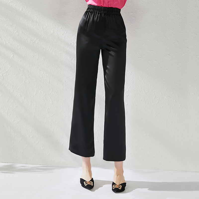 Loose Simple Black Cropped Silk Pants Front View
