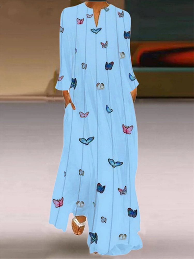 Women'S Floral Printed Crew Neck Long Sleeve Pockets Maxi Dress