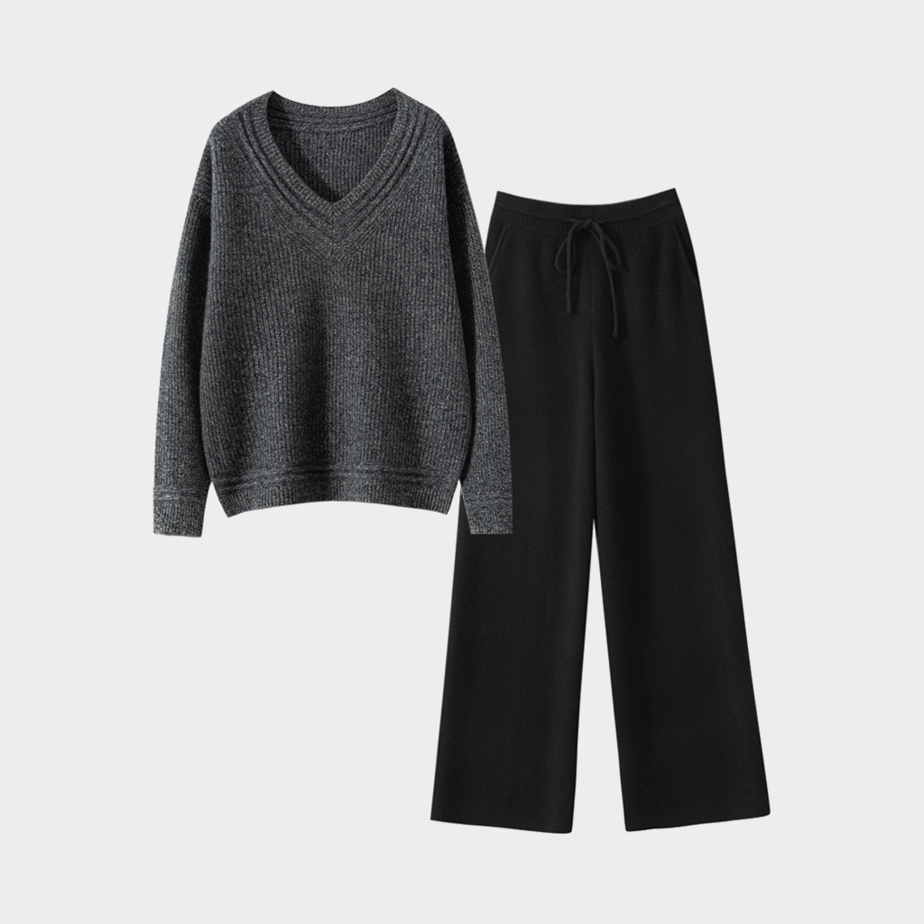 Women's V-Neck Cropped Cashmere Sweater and Pants Set | Casual Outfit REAL SILK LIFE