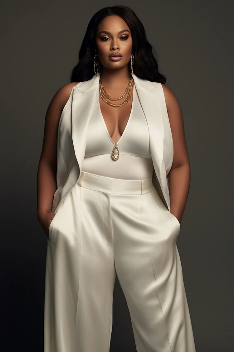 Xpluswear Design Plus Size Business Casual White Lapel Collar Pocket Wide Leg Satin Two Piece Pant Suits [Pre-Order]