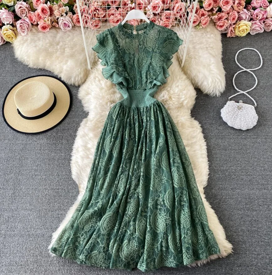 2021 Summer Dress Women Sleeveless O-neck Slim Lace Dresses High waist Lady Elegant Ruffle Long Dress Party Vestidos