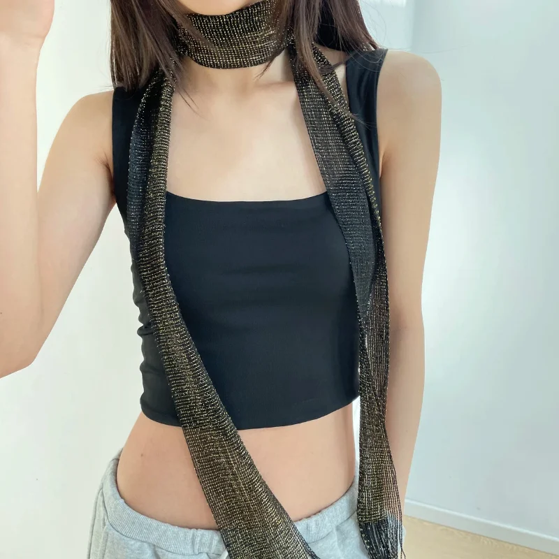 Women's Vintage Y2k Shiny Sequins Bright Silk Shawl Lace Tassel Necklace Scarf Party Evening Decoration