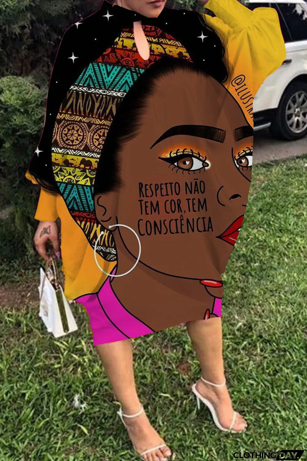 Light Gray Fashion Print Hollowed Out Round Neck Long Sleeve Dress