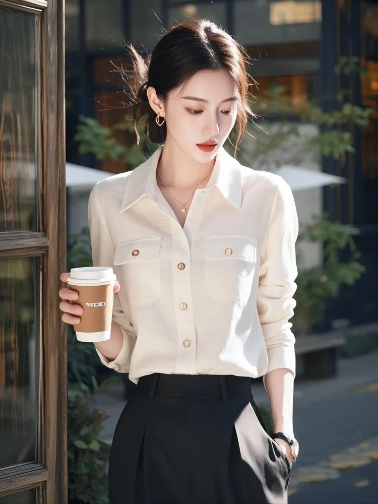 Athvotar Athvotar Light Luxury Polo Collar Long-Sleeved White Shirt Lady Design Spring And Autumn Unique Special Beautiful Shirt Top