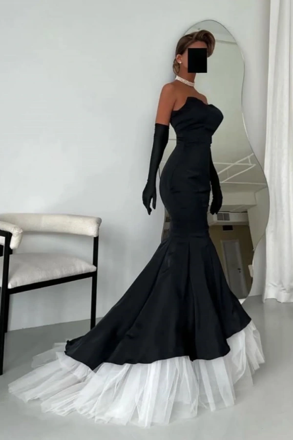 Mermaid Black Strapless White Tulle Prom Dress With Long Gloves | ZT0476