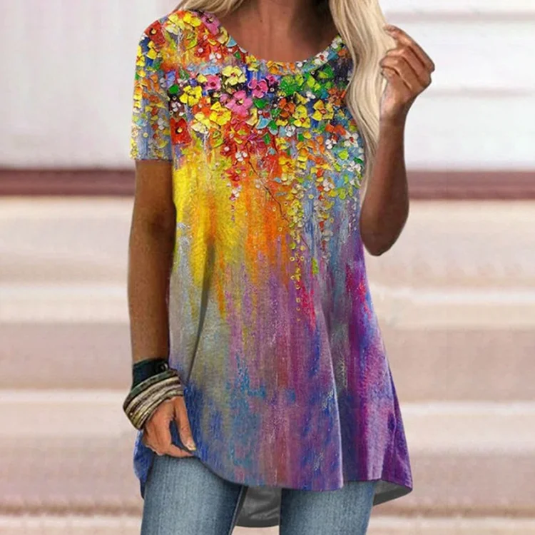 Oil Painting Printing Round Neck Casual Tunic