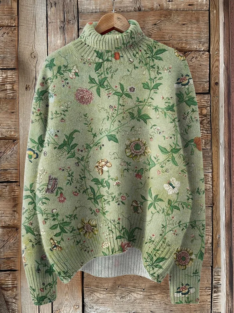 Retro Lovely Floral Art Print Knit Turtleneck Pullover Sweater