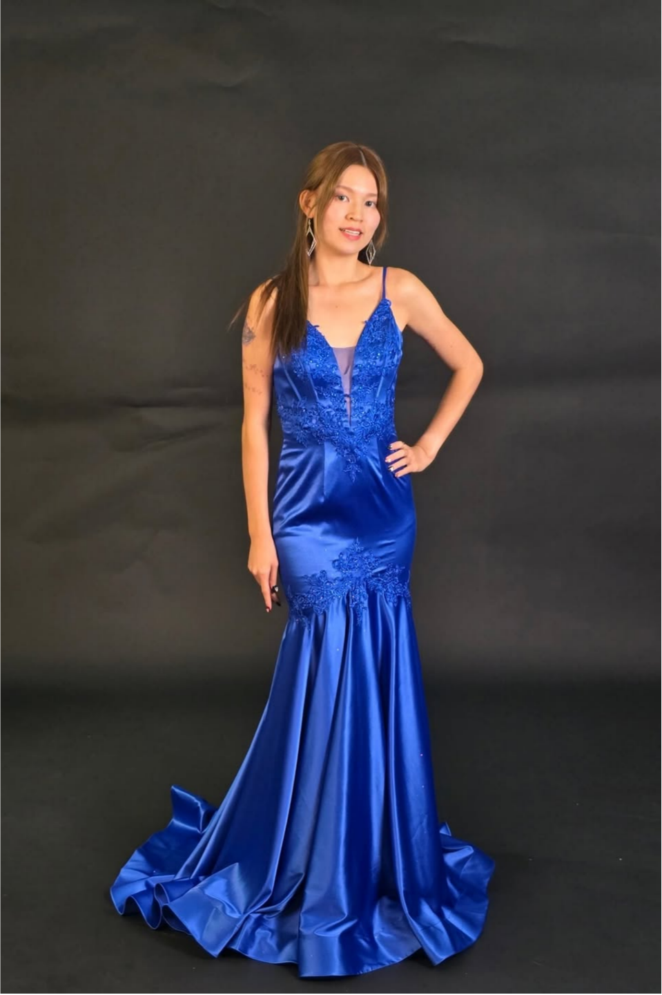 Lussooy Charming Royal Blue Satin Spaghetti Strap Long Prom Dress with Pleated 