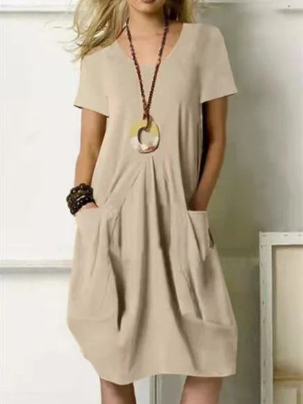 Women's Scoop Neck Short Sleeve Solid Color Loose Casual Pocket Dress