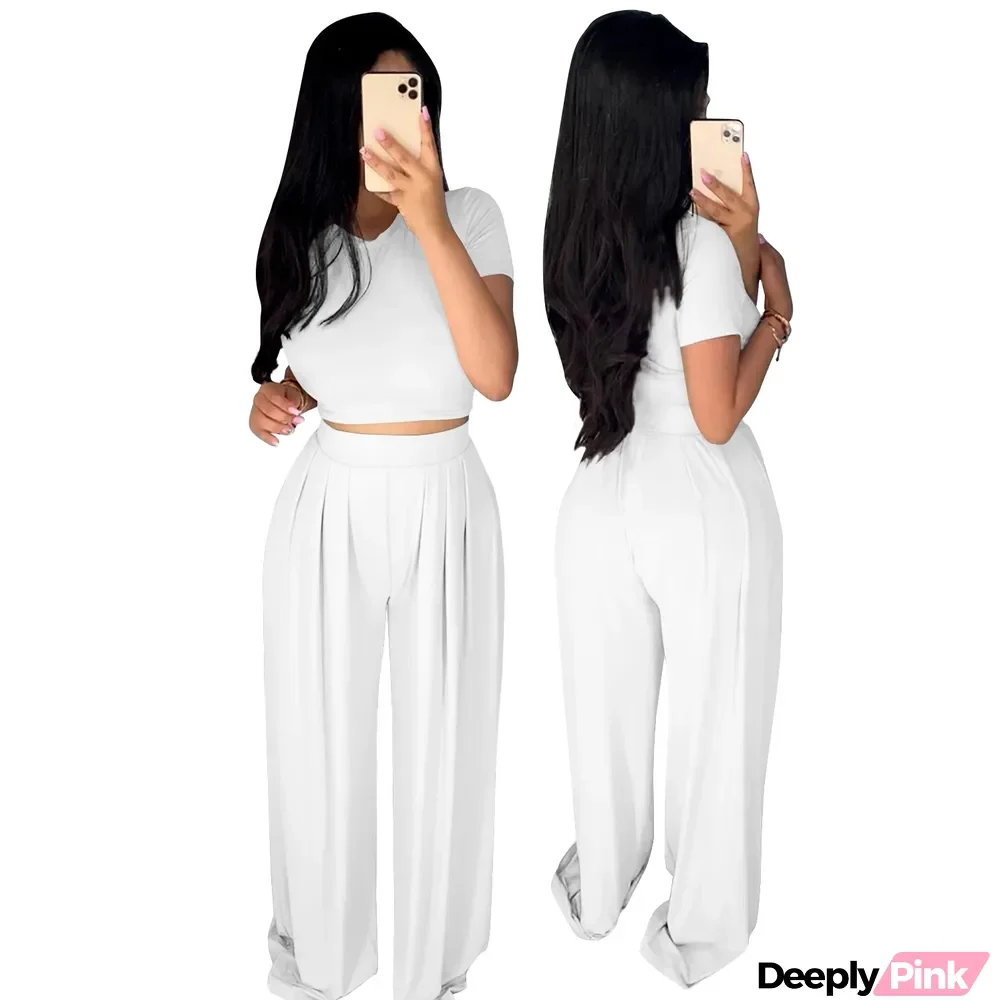 Summer Sexy Plain Crop Top and Pleated Loose Pants Set