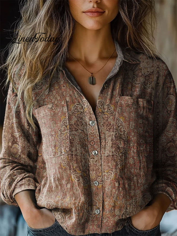 Women&rsquo;s Vintage Art Print Casual Long Sleeve Comfortable Cotton Shirt Multicolor / S