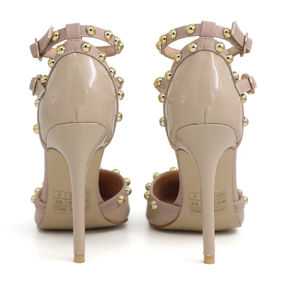 3.94&ldquo; Womens Pointed Toe Pumps Golden Round Rivets Ankle Strap Apricot Sandals-vocosishoes