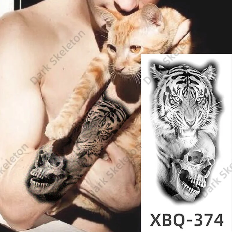Sdrawing Black Forest Tattoo Sticker For Men Women Children Tiger Wolf Death Temporary Tattoo Fake Henna Skeleton King Animal Tatoo