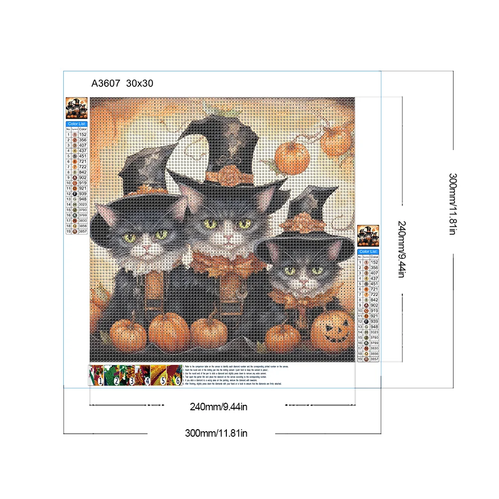 5D DIY Full Round Drill Diamond Painting Halloween Cat Pumpkin Kit Decor 30x30cm
