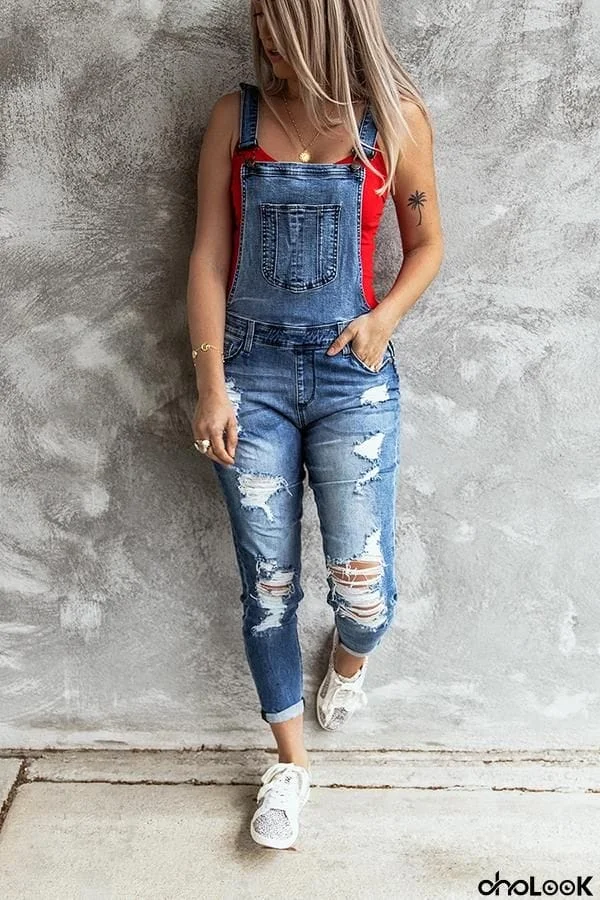 Retro Denim Ripped Stretch Pocket Overalls