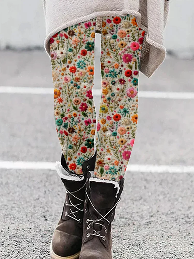 Field of Flowers Embroidery Art Cozy Leggings
