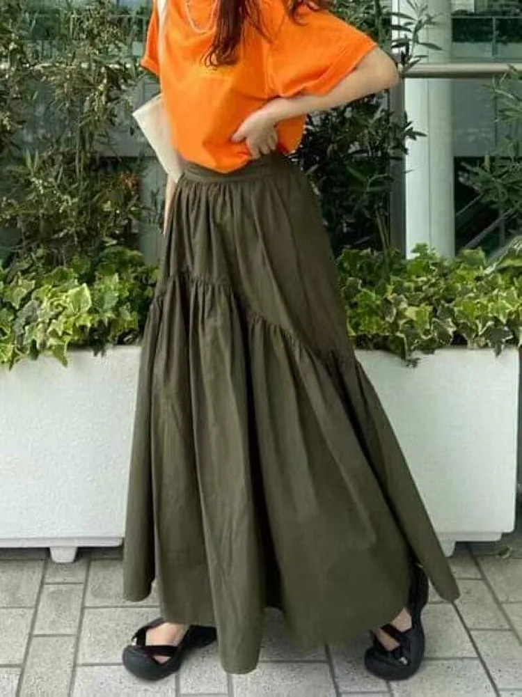 Casual Vintage Pleated High Waist Fishtail Hem Skirt