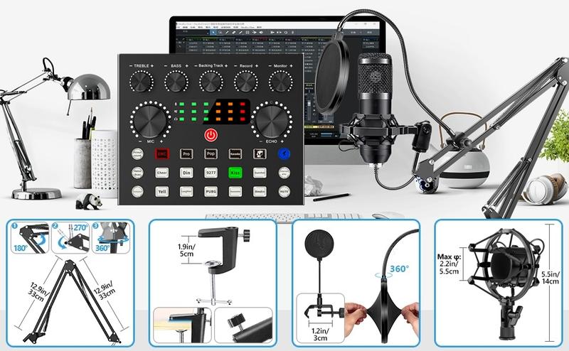Product Introduction of Podcast Equipment Bundle. BM800 Podcast Microphone Bundle with V8s Voice Changer. Condenser Microphone Recording Studio Package for Podcasting Live Streaming Singing PC Mobile TikTok YouTube 12
