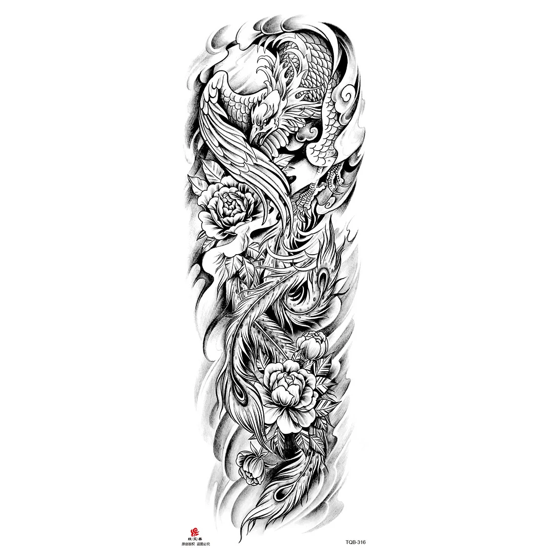 Sdrawing Arm Temporary Tattoo Wolf Lion Fish Horns Geometric Man Body Leg Rose Flower Phoenix Waterproof Sticker Cool Women Tatoo