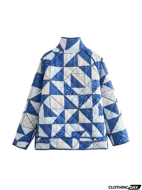 Geometric Button Up Puffer Jacket with Pockets