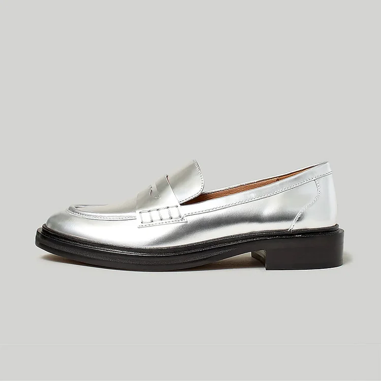Silver Metallic Round Toe Flat Penny Loafers Women |FSJ Shoes
