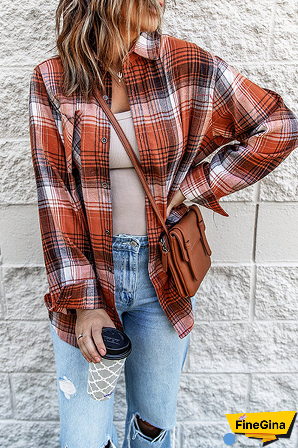 Casual Plaid Split Joint Buckle Turndown Collar Tops