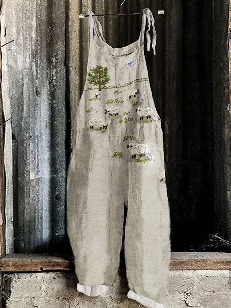 Comstylish Vintage Farm Sheep Print Loose Casual Jumpsuit