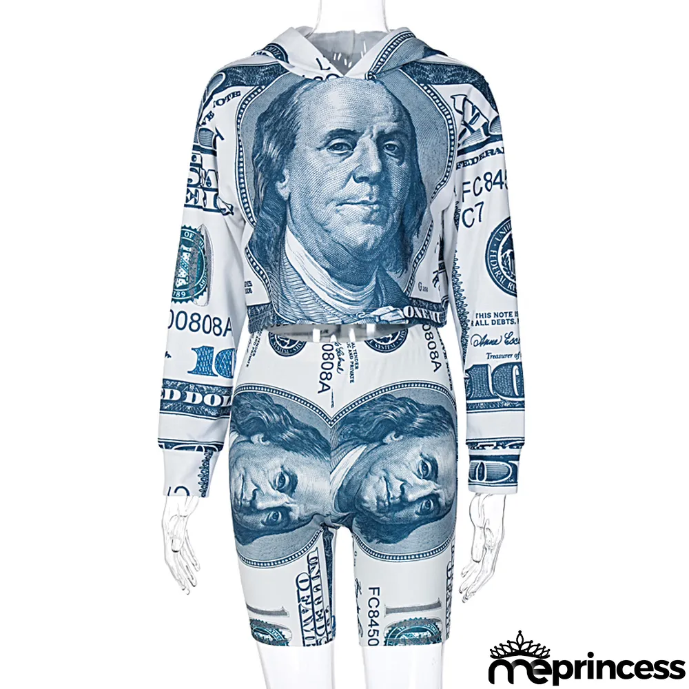 Autumn Money Print Hoody Shirt and Shorts Set