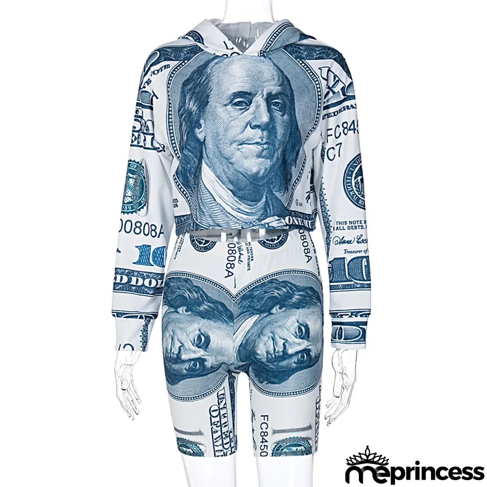Autumn Money Print Hoody Shirt and Shorts Set