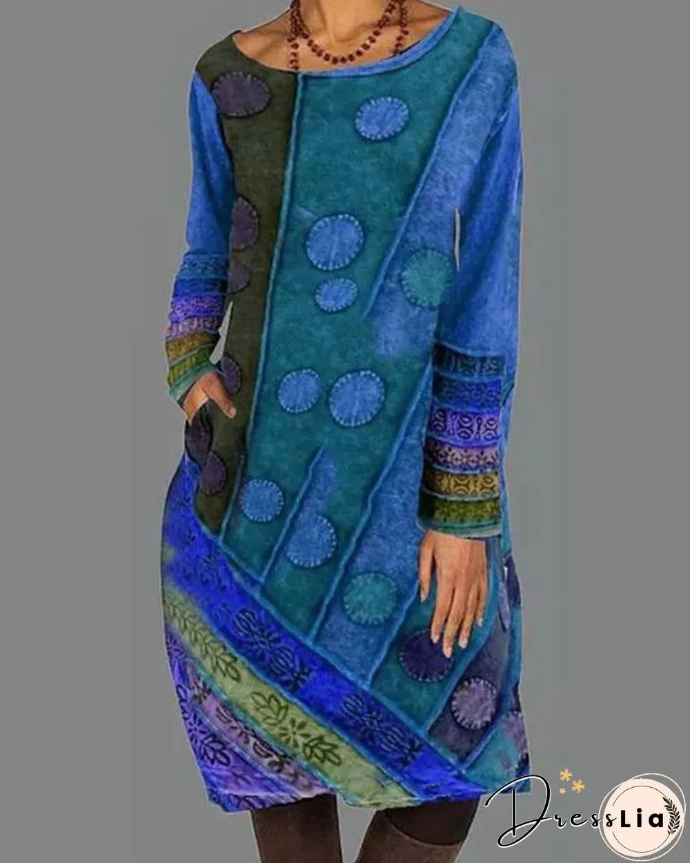 Casual Color Block Shirt Round Neckline Shift Dress