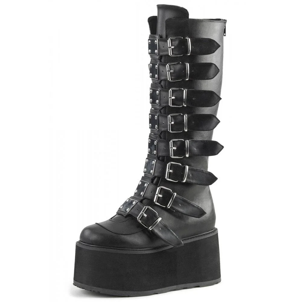 Design Luxury Punk Goth Style Round Toe Women Mid Calf Boots Platform Thick Heel Buckle Cool Street Boots