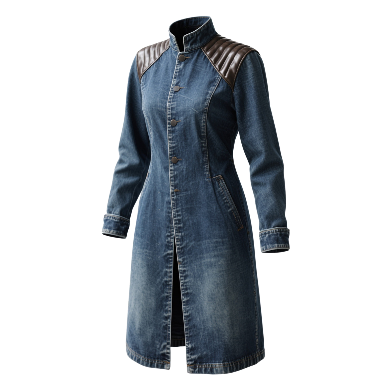 Women's Retro Denim Color Block Leather Stand Collar Long Coat