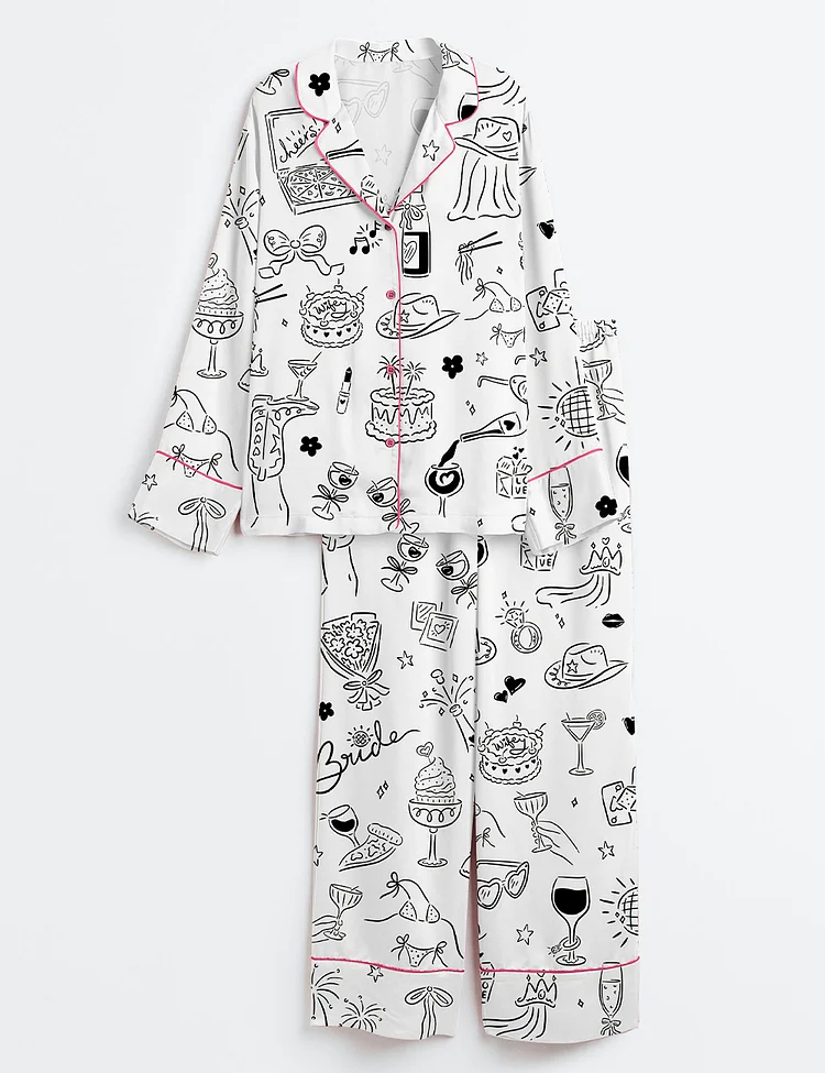 Women&rsquo;s Hand Drawn Bachelorette Whimsical Girls Night Bach Party Print Long Sleeve Satin Pajama Set