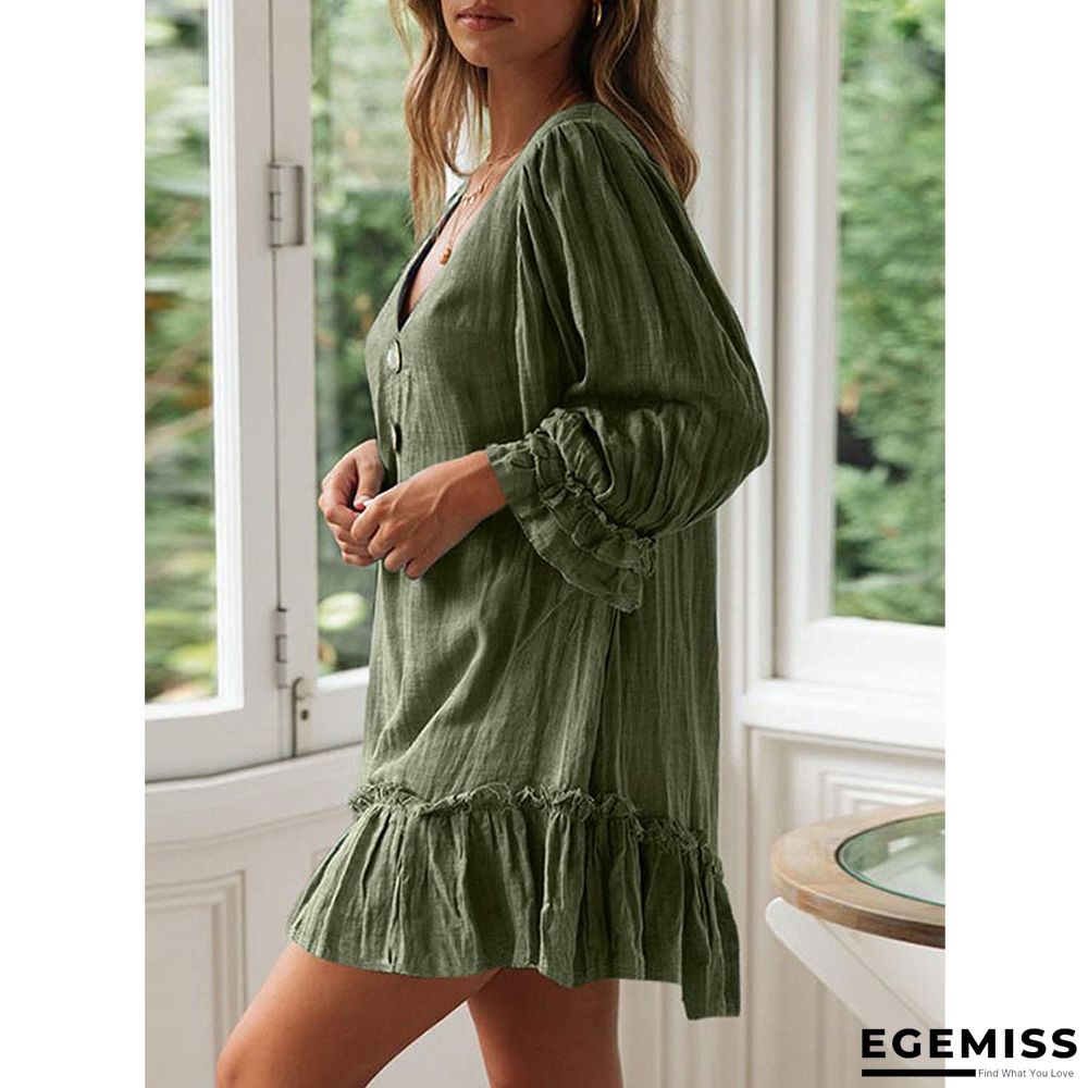 A-line Skirt Loose Long Sleeve Ruffle Hem Cotton Linen Dress | EGEMISS