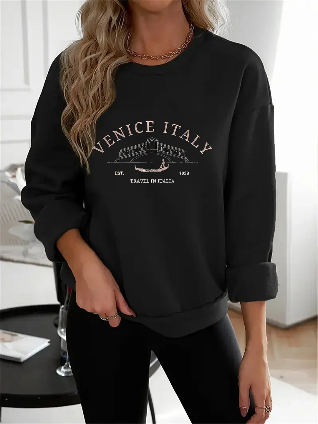 Women's Pullover Sweatshirt - Black Italian Travel Graphic Sweater, Round Neck Long Sleeve Top For Everyday & Formal Outfits - Machine Washable Women's Clothing, Ladies Sweatshirts, Casual Wear, Comfortable Fit | IFYHOME