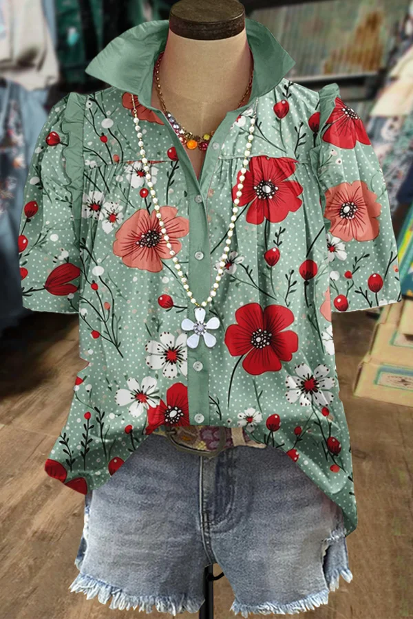 Chic Floral Print Collared Short Sleeve Top