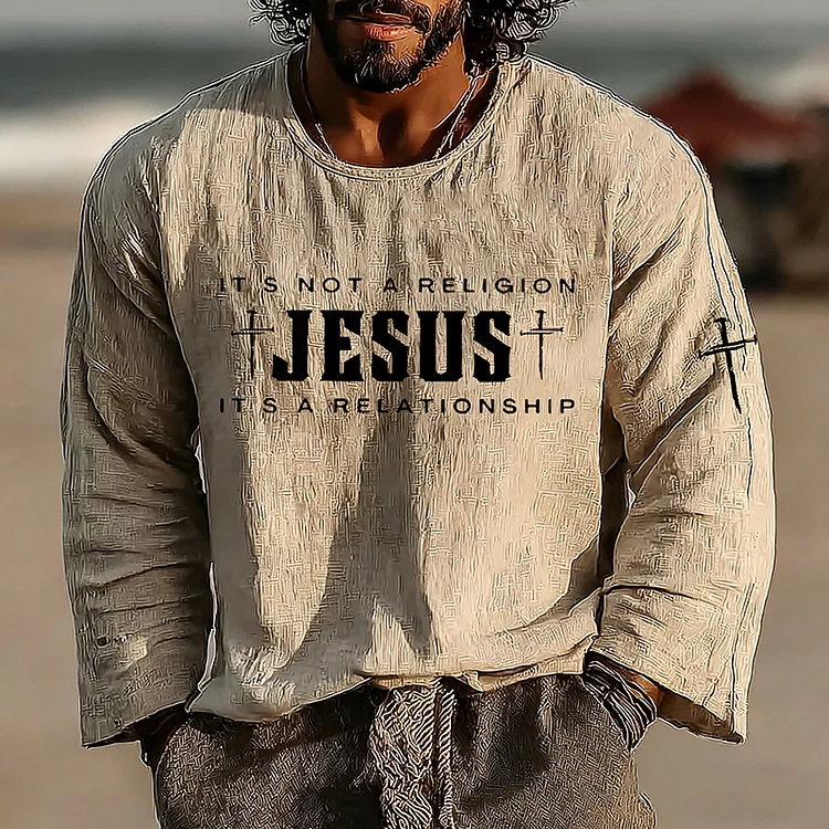 Men's Vintage  It's Not A Religion It's A Relationship Art Loose And Comfortable Cotton And Linen Round Neck Shirt