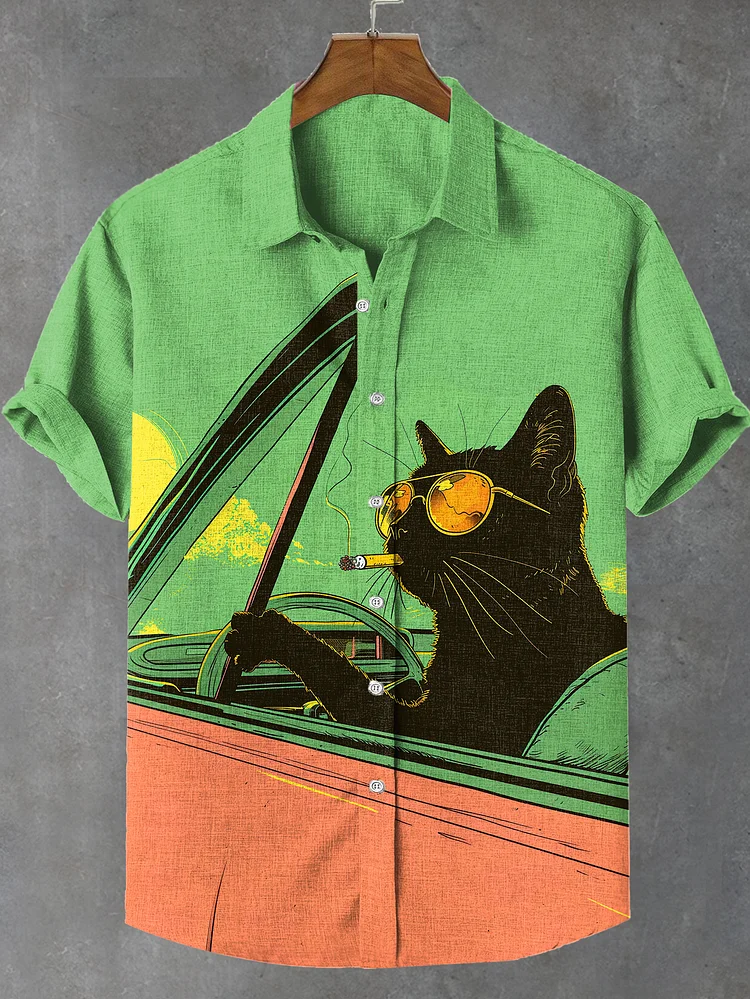 Men's Retro Smoking Driving Black Cat Fun Art Casual Shirt